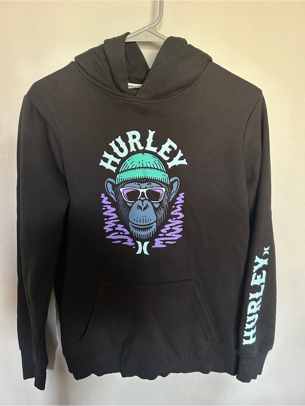 Hurley Black Hoodie with Mint & Purple Monkey Graphic